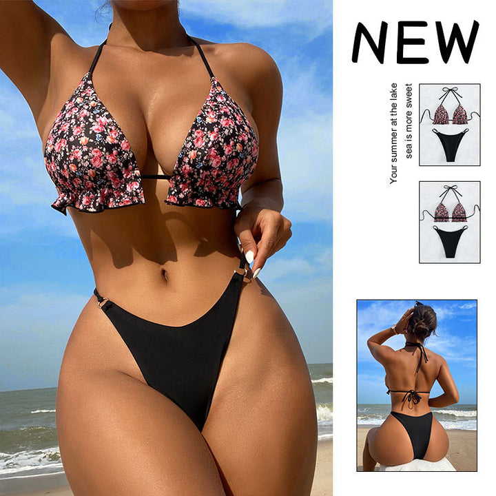 Women's Triangle Bikini with Ruffle Details and Floral Pattern Mune Fashion