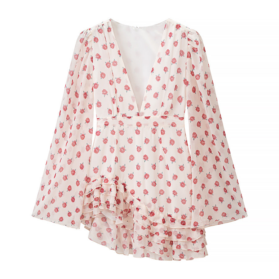 Women Playful Chiffon Mini Dress with Deep V, Asymmetrical Ruffle Hem and Bell Sleeves Mune Fashion