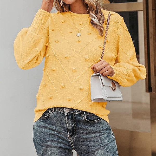 Women's knitted bobble pullover with balloon sleeves and round neck Mune Fashion