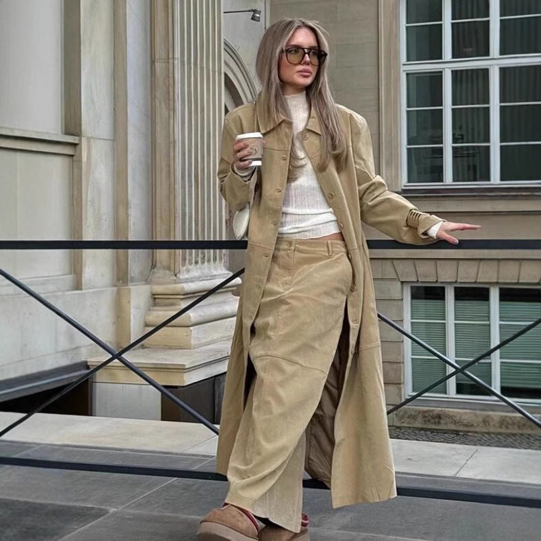 Women's long vegan coat with continuous button placket, panel seams, and shirt collar Mune Fashion