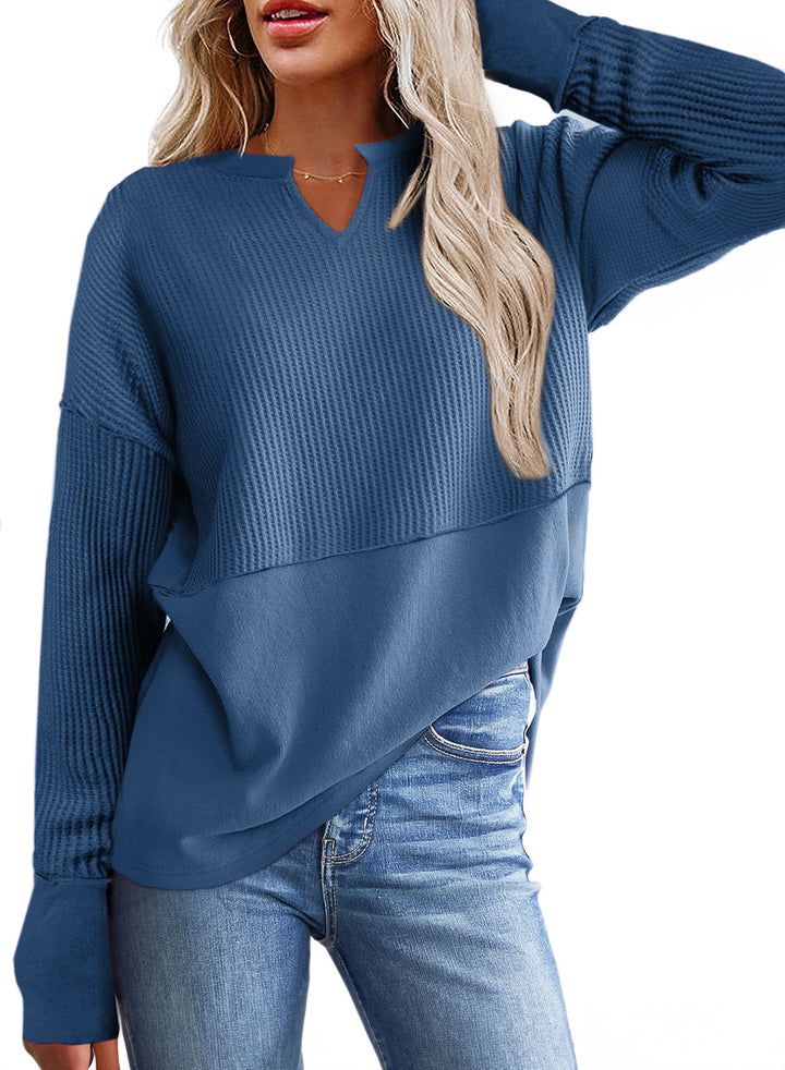 Women Oversized Sweater with Waffle Structure, V-Notch and Dropped Shoulder Mune Fashion