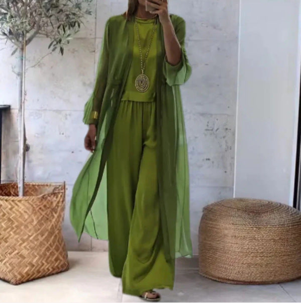 Ladies' elegant chiffon two-piece set with wide-cut palazzo pants and long kimono overlay Mune Fashion