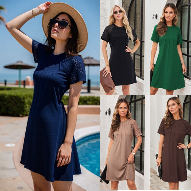 Women Short Sleeve Casual Dress with Pleated Top and Lace Inserts Mune Fashion