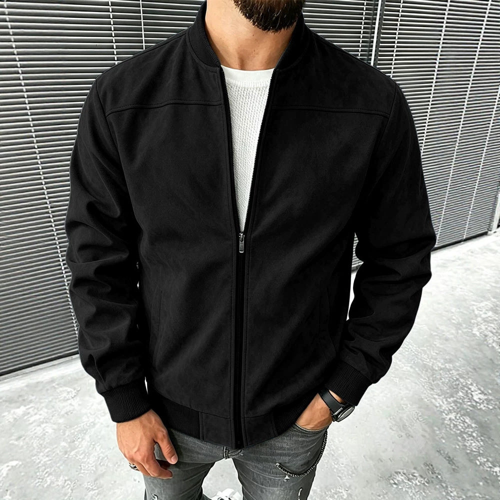 Men's Suede-Like Bomber Jacket with Zipper and Ribbed Cuffs Mune Fashion