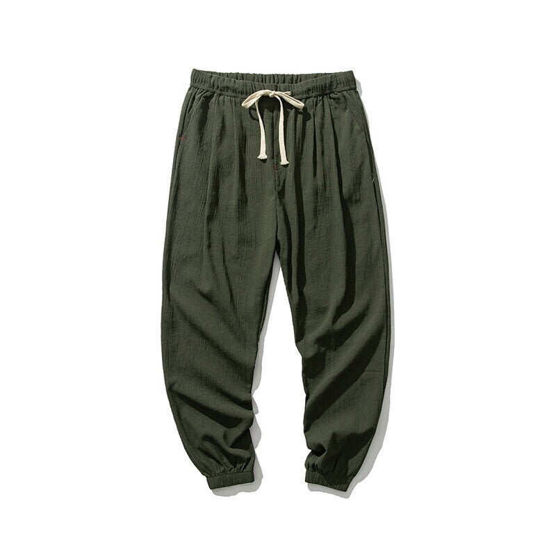 Men's Casual Linen Blend Jogging Pants with Drawstring, Ribbed Textured Fabric and Elastic Cuffs Mune Fashion