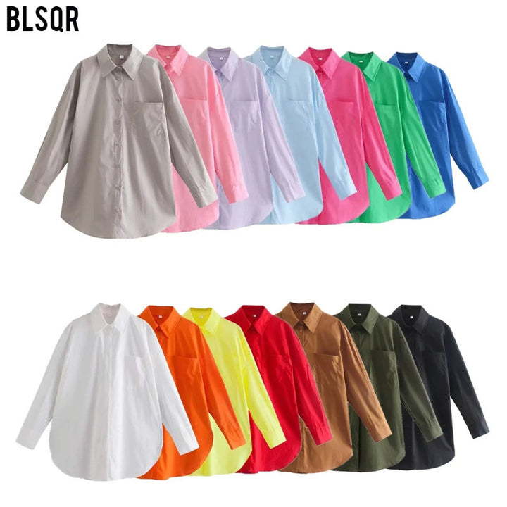 Women's Oversized Shirt Blouse with Round Hem, Chest Pocket and Dropped Shoulders Mune Fashion