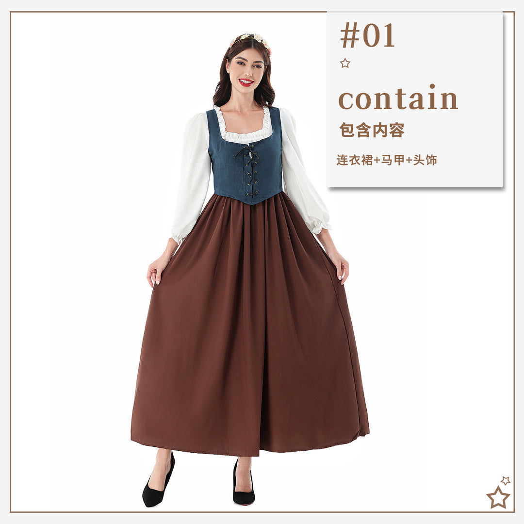 Women's nan historical medieval dress with laced bodice, ruffled blouse, and wide maxi skirt Mune Fashion