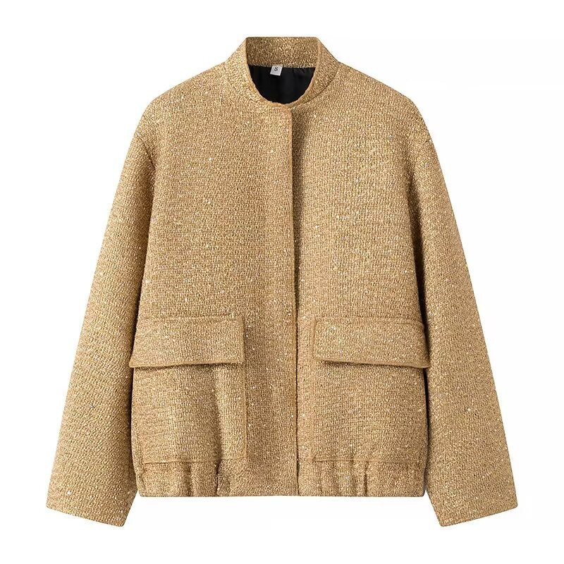 Women's structured bouclé jacket with stand-up collar, patch pockets, and elastic hem Mune Fashion