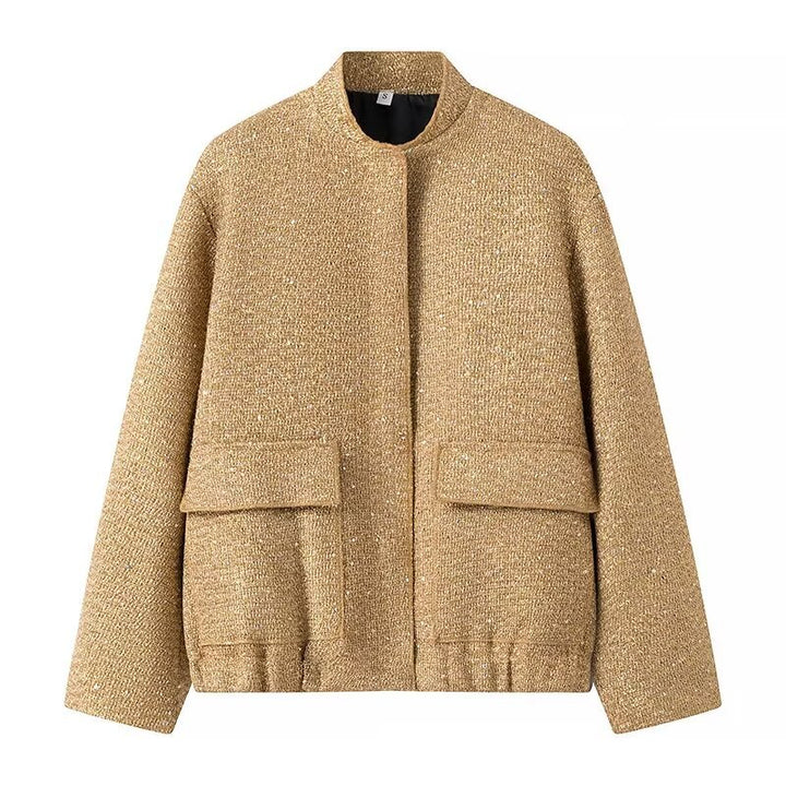 Women's structured bouclé jacket with stand-up collar, patch pockets, and elastic hem Mune Fashion