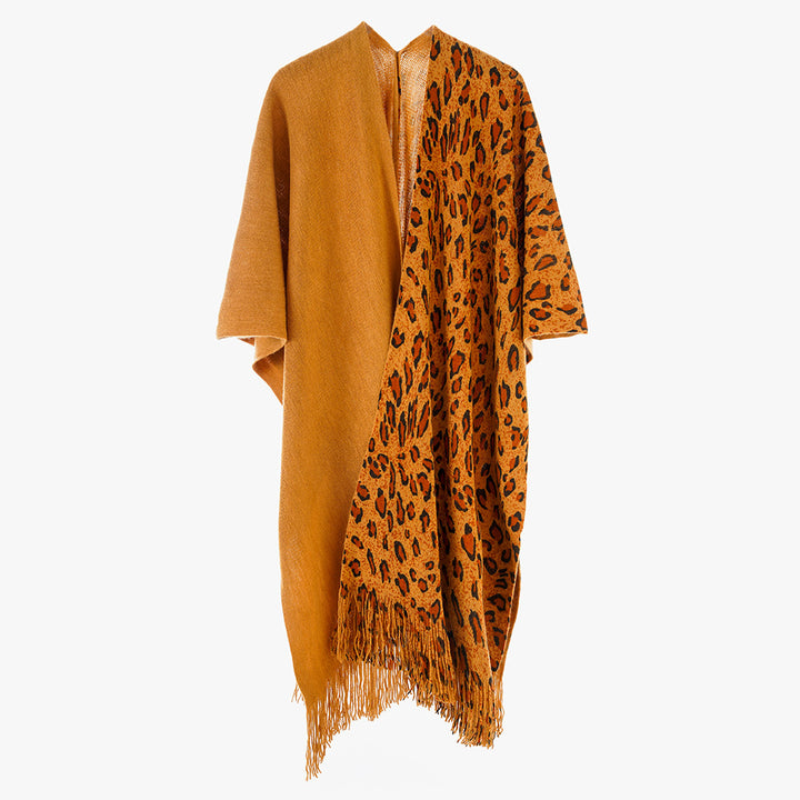 Women's Two-Tone Wool Blend Coat Poncho in Kimono Cut with Animal Jacquard and Fringe Hem Mune Fashion