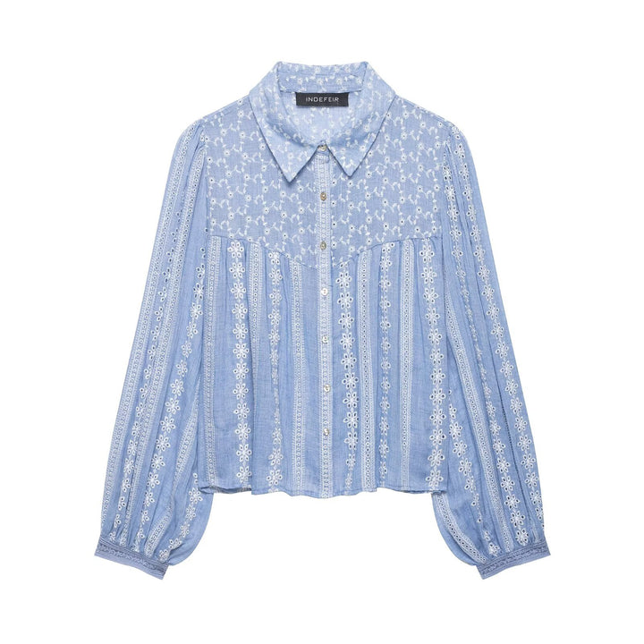 Women's loosely fitted embroidered blouse with broderie details, button placket, and voluminous balloon sleeves Mune Fashion