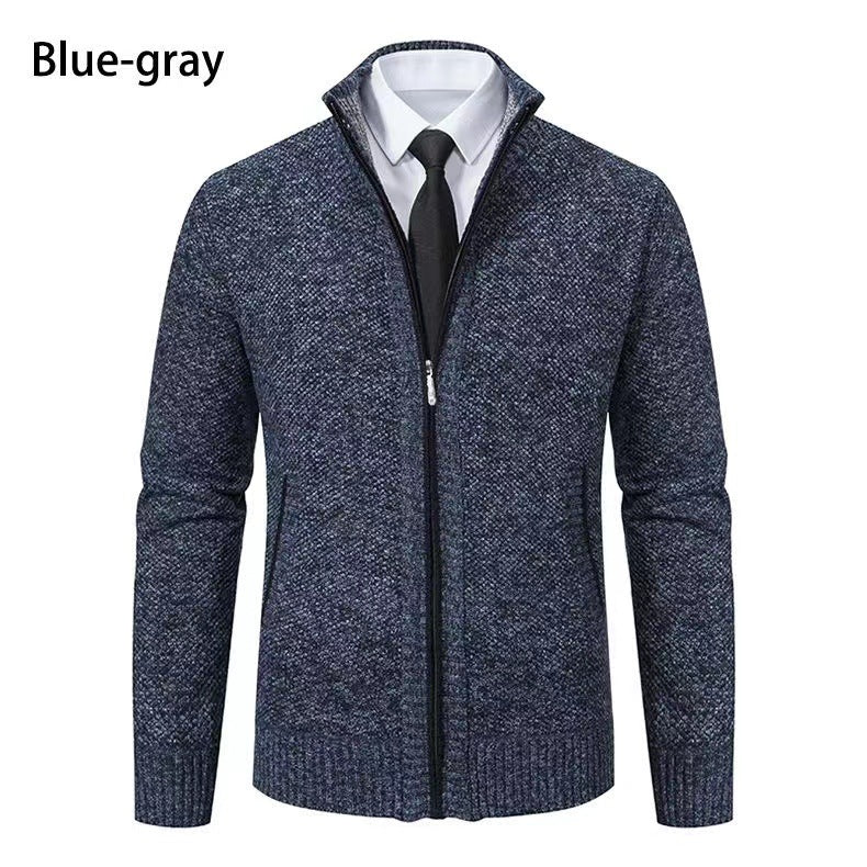 Men's melange knit zip jacket with high stand-up collar, fine texture and concealed side pockets Mune Fashion