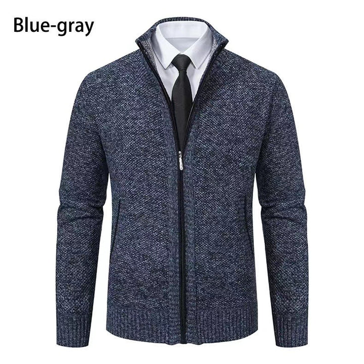 Men's melange knit zip jacket with high stand-up collar, fine texture and concealed side pockets Mune Fashion