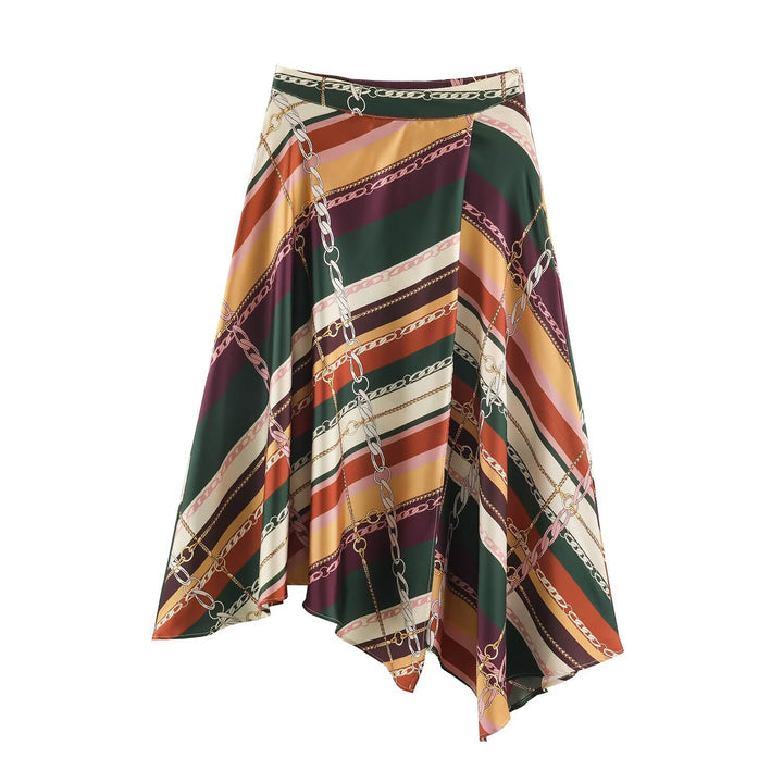 Women's Asymmetric Midi Skirt with Chain Print and Flowing Satin Look Mune Fashion