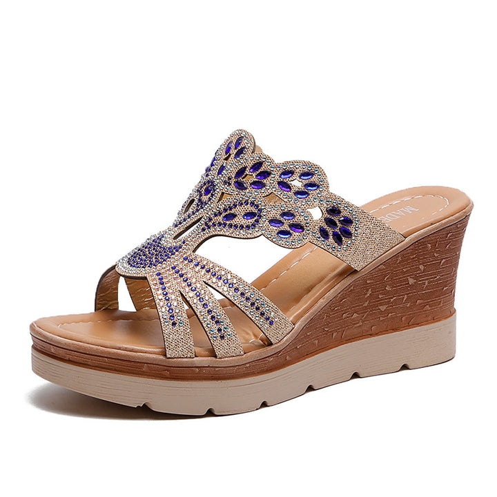 Women's ornamental wedge sandals with curved strap design and cushioned comfort footbed Mune Fashion