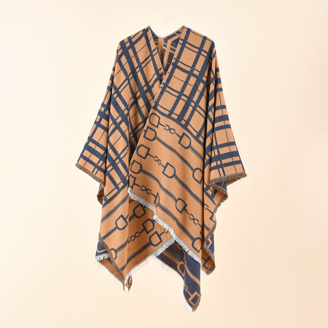 Women's jacquard cloak with stirrup motif and fringe hem Mune Fashion
