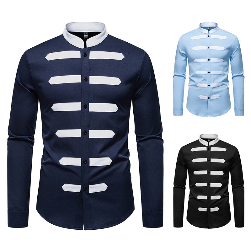 Men's Slim-Fit Shirt with Stand Collar and Decorative Piping Stripes Mune Fashion