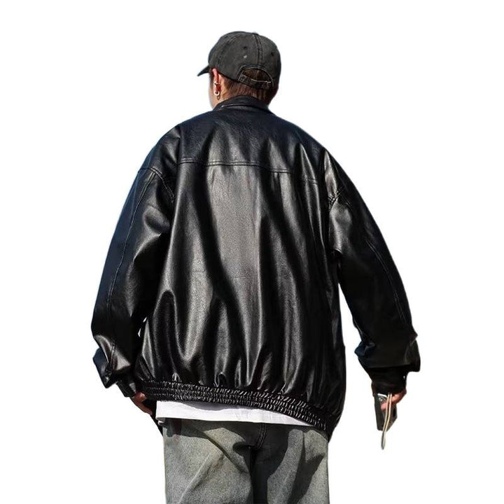 Men's Oversized Faux Leather Bomber Jacket with Stand Collar and Elastic Hem Mune Fashion