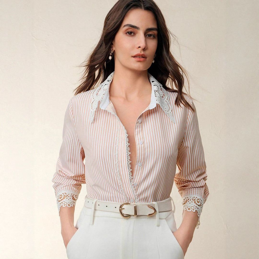 Women's Striped Blouse with Lace Collar and Lace Inserts Mune Fashion