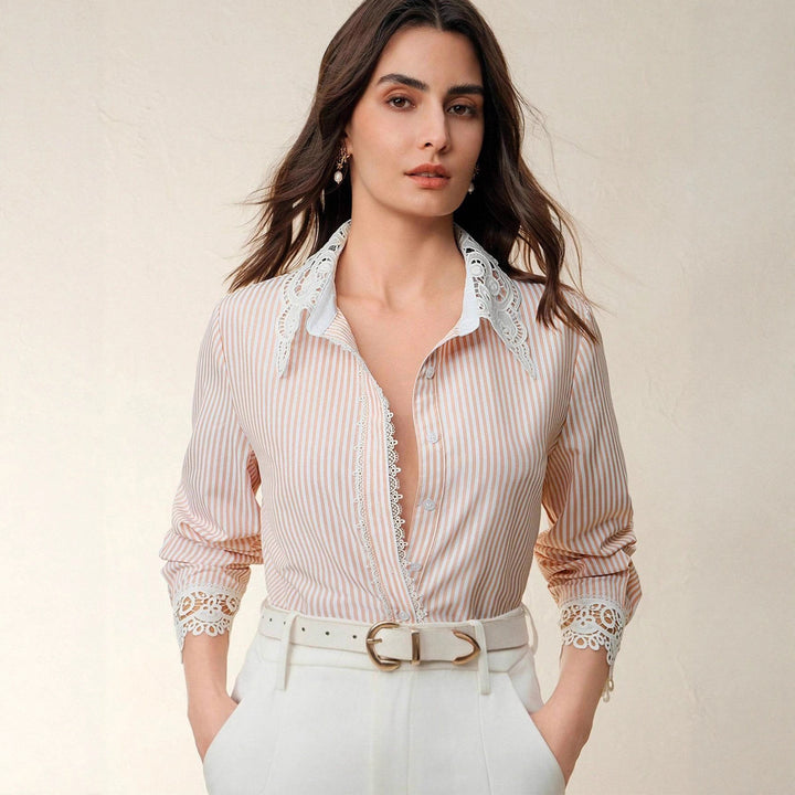 Women's Striped Blouse with Lace Collar and Lace Inserts Mune Fashion