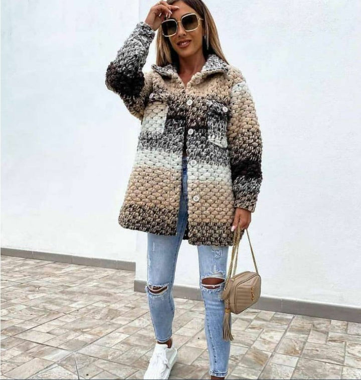 Women Crocheted Oversized Cardigan with Gradient, Button Placket and Patch Pockets Mune Fashion