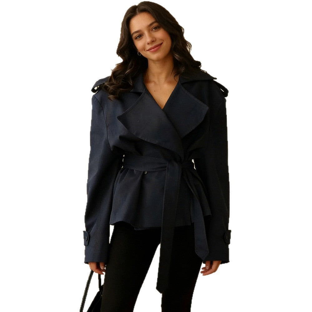 Women's Cropped Trench Coat with Double Button Placket, Waist Belt, and Shoulder Straps Mune Fashion