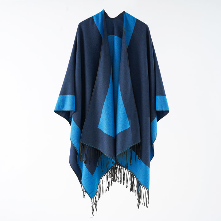 Women Oversize Reversible Cape Poncho made of Wool Blend with Fringing Mune Fashion