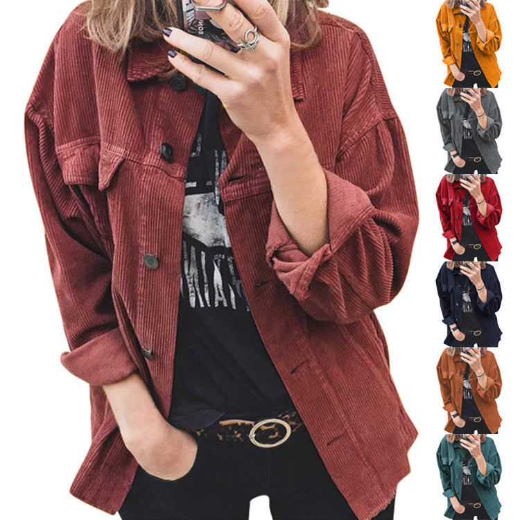 Women nano oversized cord jacket with applied pockets and classic button placket Mune Fashion