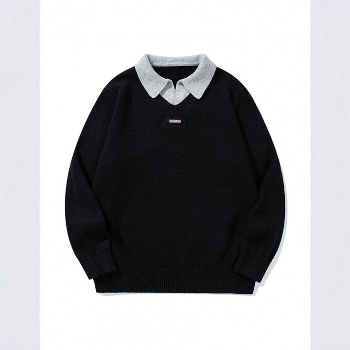 Men's Relaxed Merino-Mix Knit Sweater with Contrasting Polo Collar and V-Detail Mune Fashion