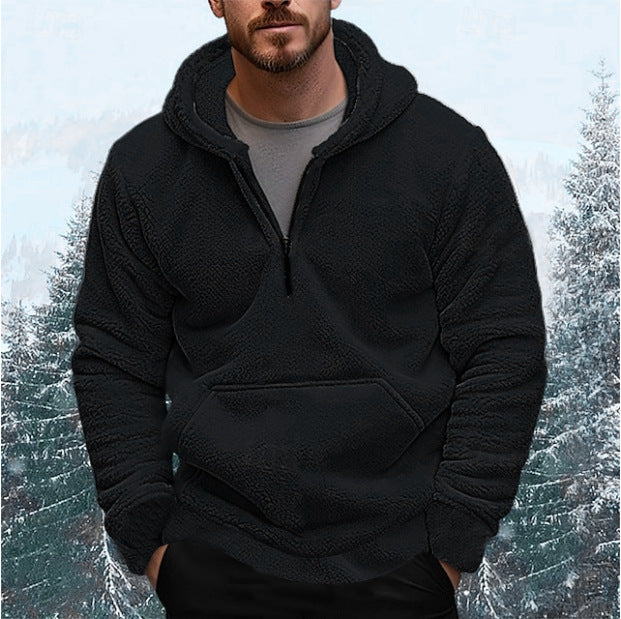 Men's nan sherpa fleece hoodie with half zipper, hood, and large kangaroo pocket Mune Fashion