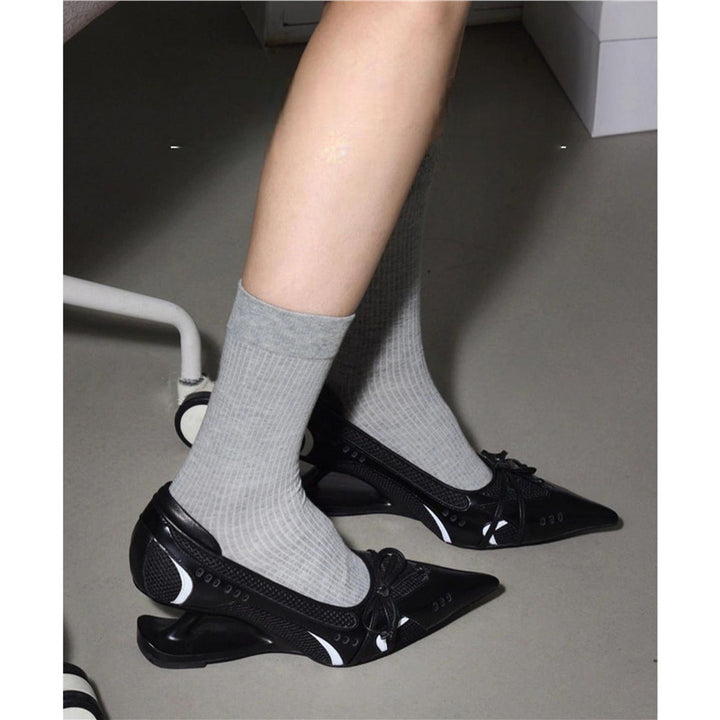 Women's pointed toe mesh metallic pumps with sculpted kitten heel and bow strap Mune Fashion