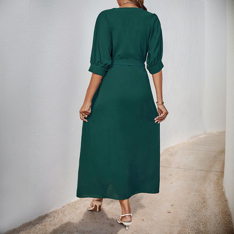 Women's midi dress with continuous button placket, V-neck and D-ring waist belt Mune Fashion