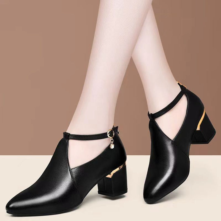 Ladies pointy-toed pumps with cut-out, ankle strap, heel zipper, and mid-high block heel Mune Fashion