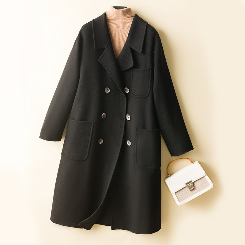 Women's Oversized Double-Breasted Wool Blend Coat with Patch Pockets Mune Fashion