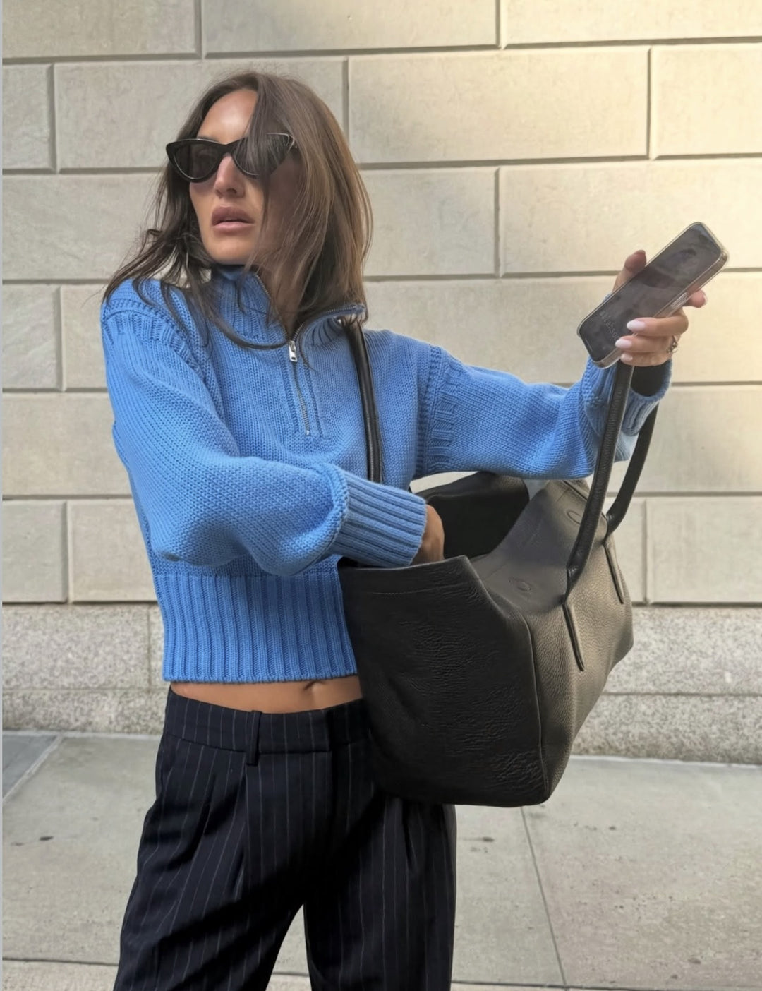 Women Cropped Knit Sweater with Half Zipper, Stand Collar and Balloon Sleeves Mune Fashion