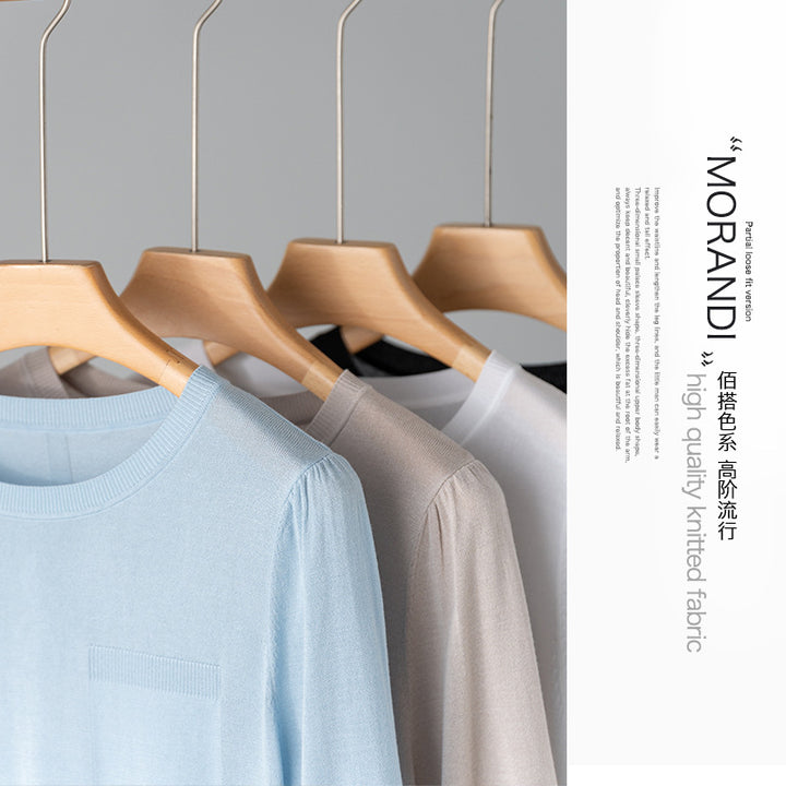 Women's fine knit top with 3/4 balloon sleeves, ribbed hem and chest piping Mune Fashion