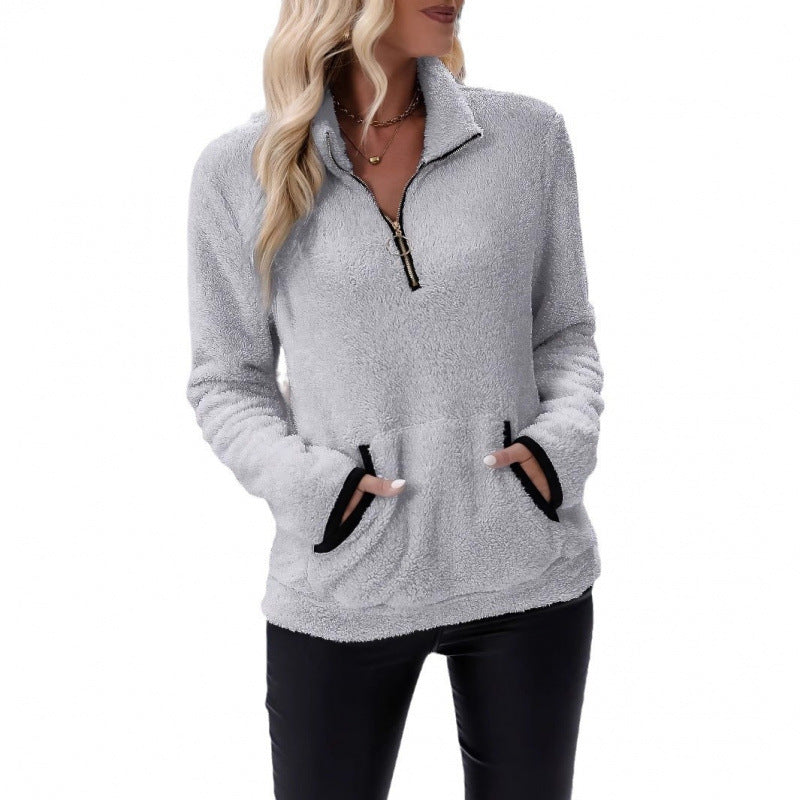 Women's fluffy fleece cuddle pullover with half zipper, kangaroo pocket and stand-up collar Mune Fashion