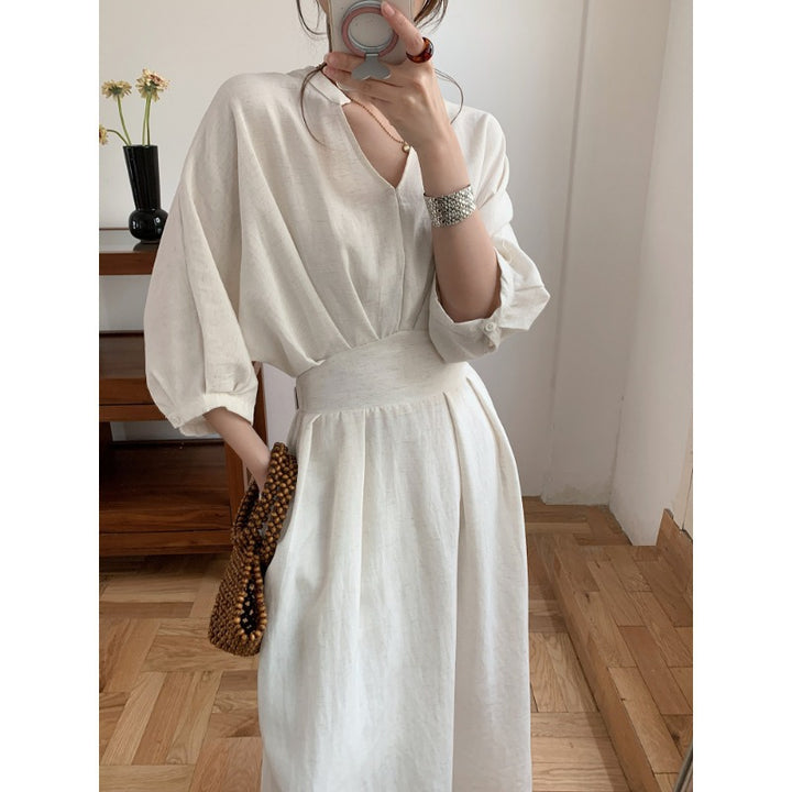 Women's Linen Look Midi Dress with V-Neck, Three-Quarter Sleeves, and Tailored Waist Mune Fashion