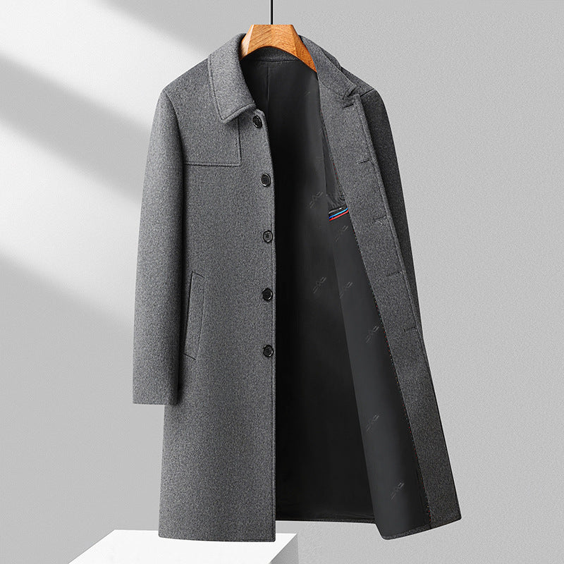 Men's Elegant Long Coat Made of Wool Blend with Classic Collar Mune Fashion