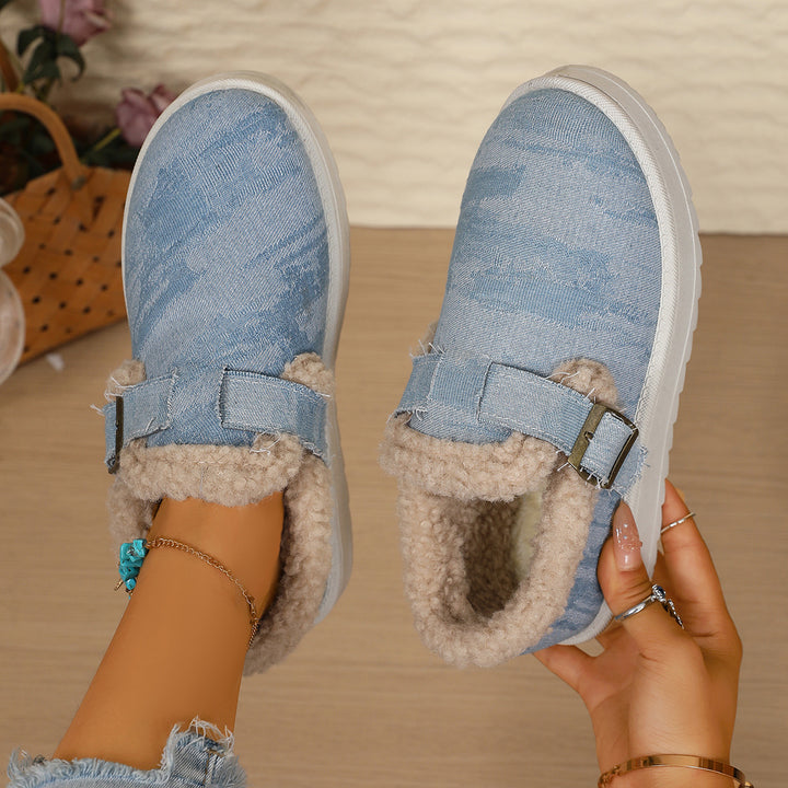 Women's Padded Denim Slip-On House Slippers with Teddy Lining and Adjustable Buckle Strap Mune Fashion