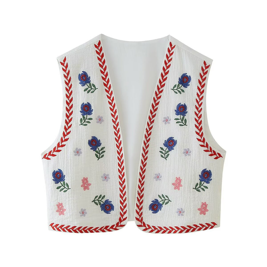 Women's Embroidered Cotton Vest in Boho Style with V-Neck and Decorative Trim Mune Fashion