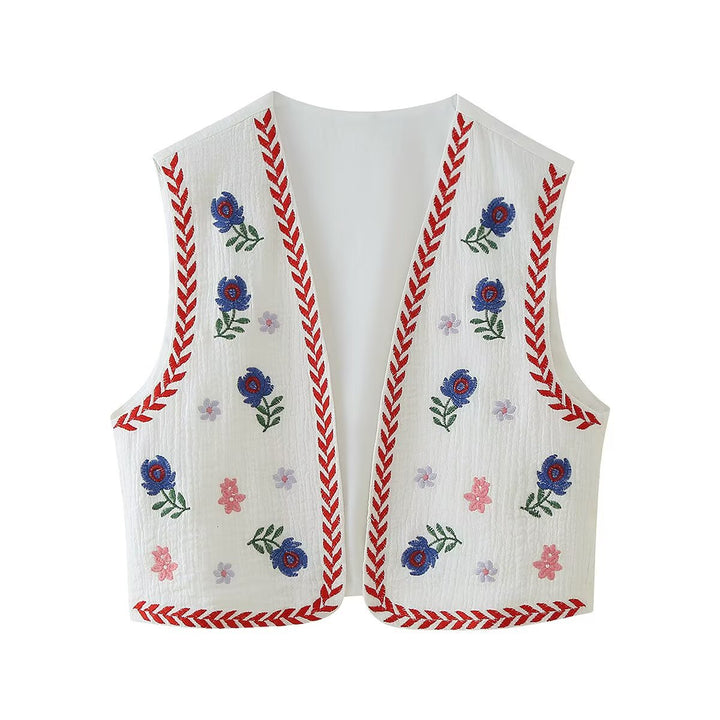 Women's Embroidered Cotton Vest in Boho Style with V-Neck and Decorative Trim Mune Fashion