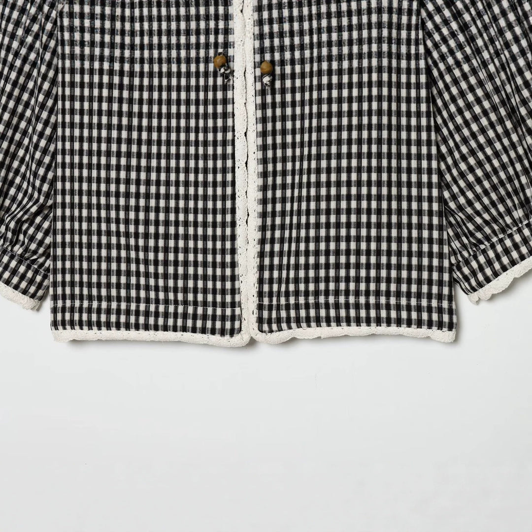 Ladies Vichy Check Blouse with Lace Trim, Tie Band and Three-Quarter Balloon Sleeves Mune Fashion