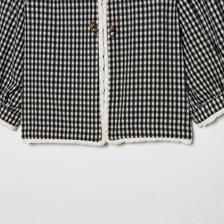 Ladies Vichy Check Blouse with Lace Trim, Tie Band and Three-Quarter Balloon Sleeves Mune Fashion