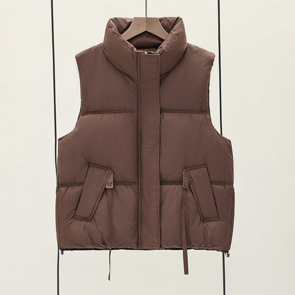 Women's short-cut minimalist insulation vest with high funnel collar, concealed two-way front and adjustable drawstring hem Mune Fashion
