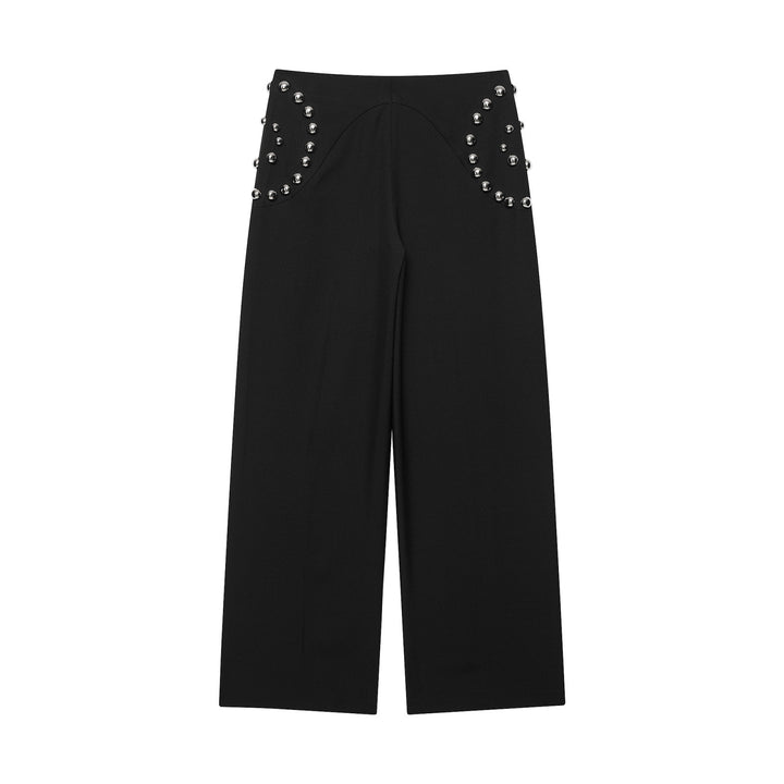 Women's Wide High Waist Pants with Stud Accents and Decorative Pearls Mune Fashion