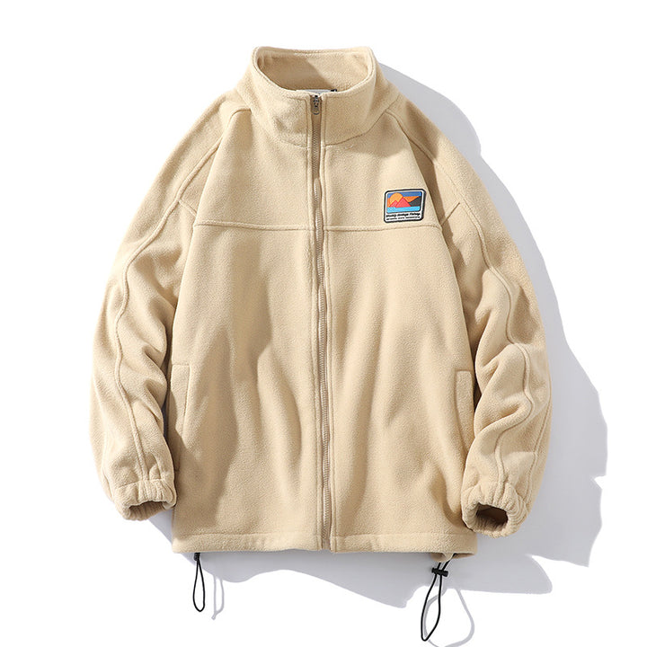 Men's fleece jacket with stand-up collar, full zip, elastic drawstring, and badge patch Mune Fashion