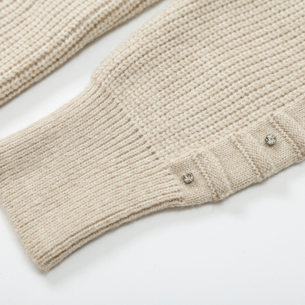 Ladies chunky knit cardigan with rhinestone trim, braided cord, and open V-neck Mune Fashion