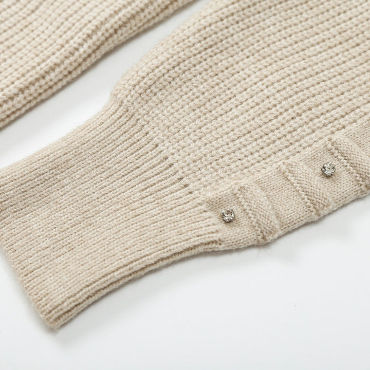 Ladies chunky knit cardigan with rhinestone trim, braided cord, and open V-neck Mune Fashion