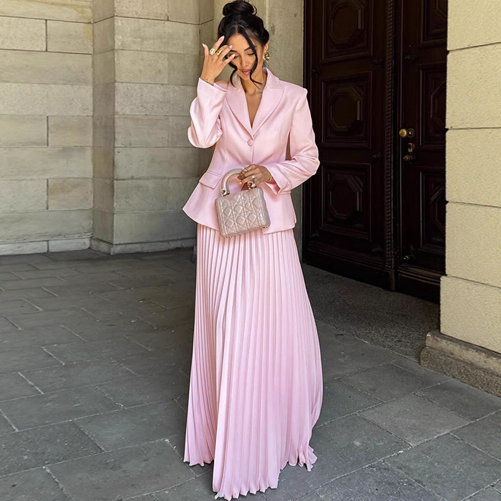 Women's Tailored Blazer and Midi Skirt Set with Pleated Skirt & Tied Belt Mune Fashion